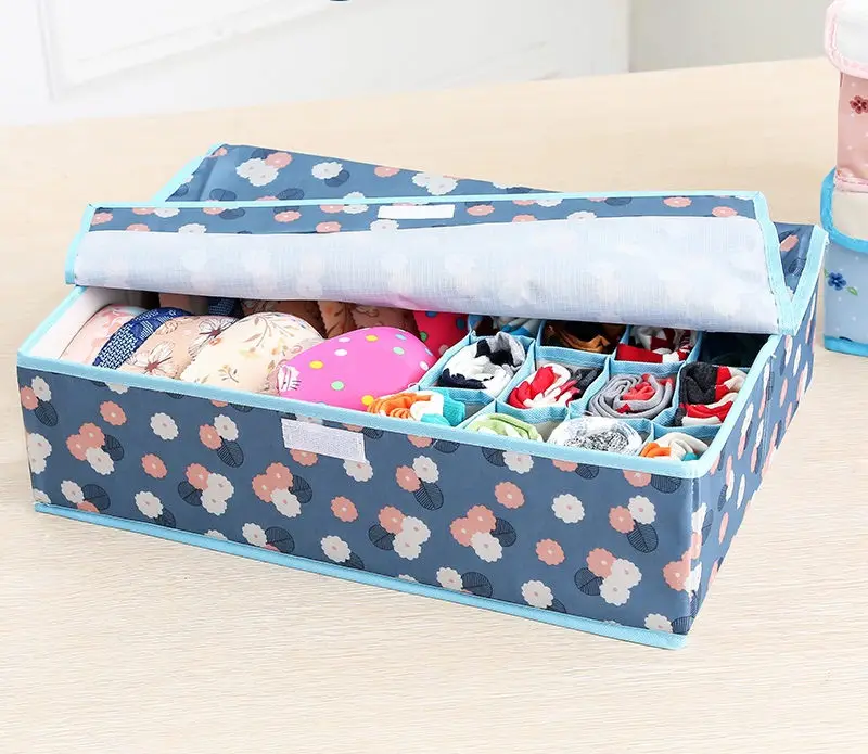 Light Blue Flower Складной ящик для хранения нижнего белья коробки для хранения в горошек для галстуков носки контейнер складной ящик делитель 17 сетки с крышкой Органайзер - Цвет: Light Blue Flower
