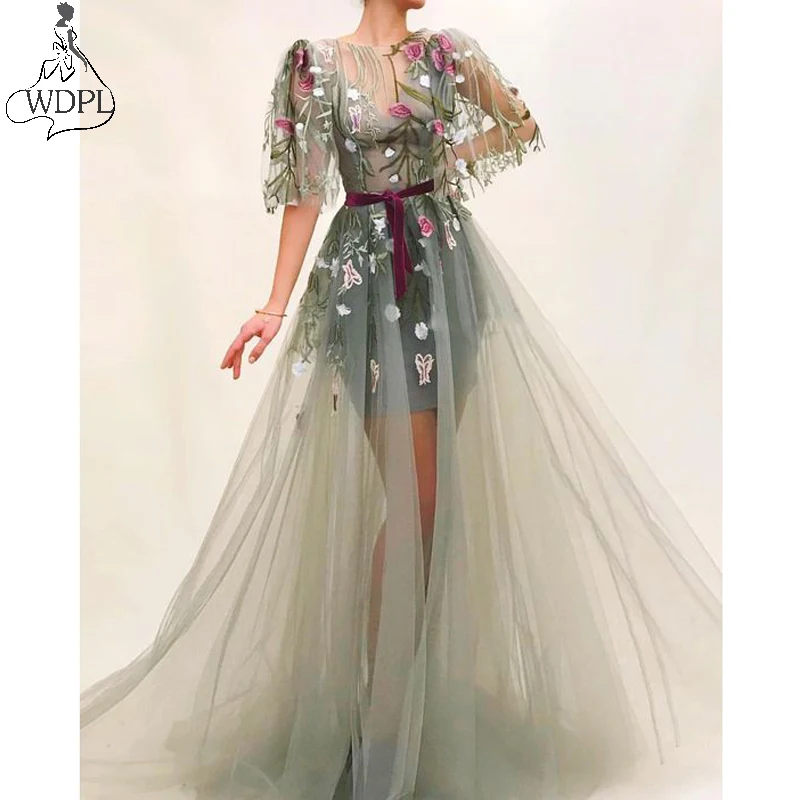 Оливковое зеленое Тюлевое платье для выпускного вечера модное с цветочной