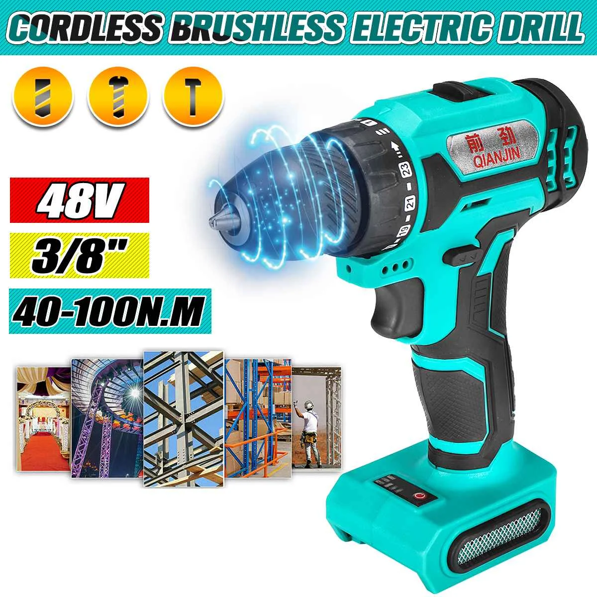 

2-Speed Electric Drill 48V Impact Function Wireless Driver Hand Power Tools 3/8'' Chuck 100N.M Electric Screwdriver