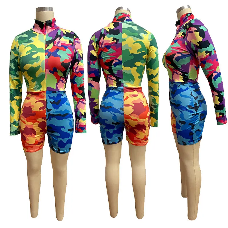 Fashion rainbow camouflage print lady playsuits turn-down collar long sleeve sexy overall club shorts | Женская одежда