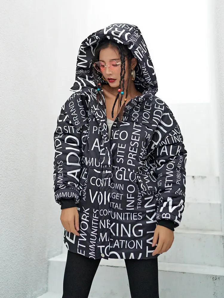 Куртка женская хлопковая с капюшоном и надписью теплая плотная в стиле хип-хоп 2020