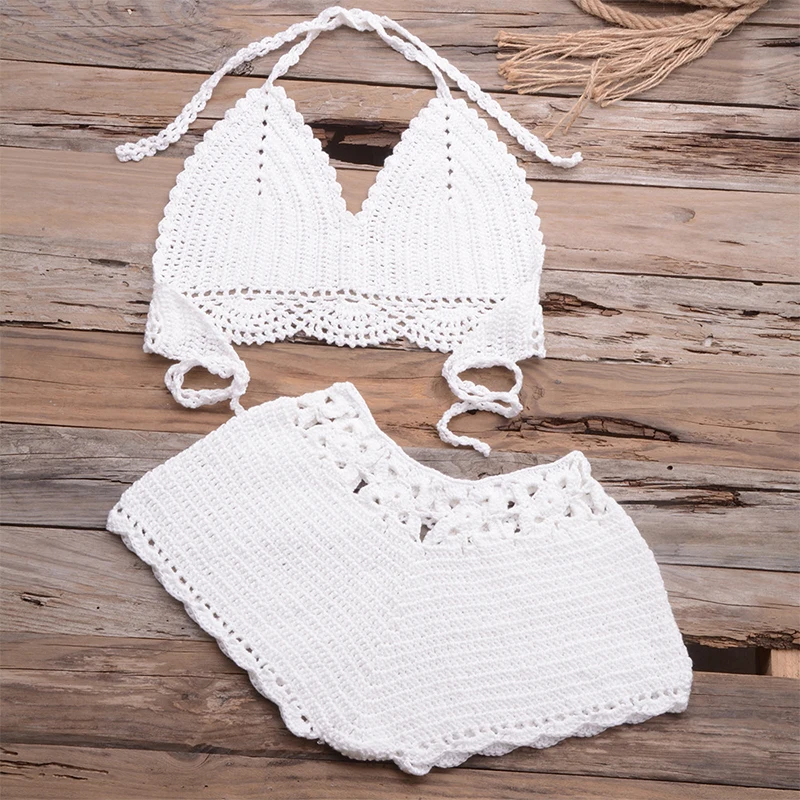 

Cheap Halter Swimsuit Solid Female Crochet High Waist Bikini Set Push Up Swimwear Women 2021 Cut Out Bathing Suit Ruffle Boxer