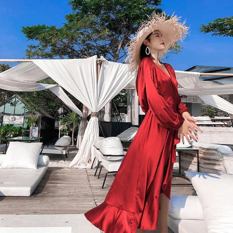 Женское винтажное длинное платье Mozuleva красное шелковое и Атласное пляжное с