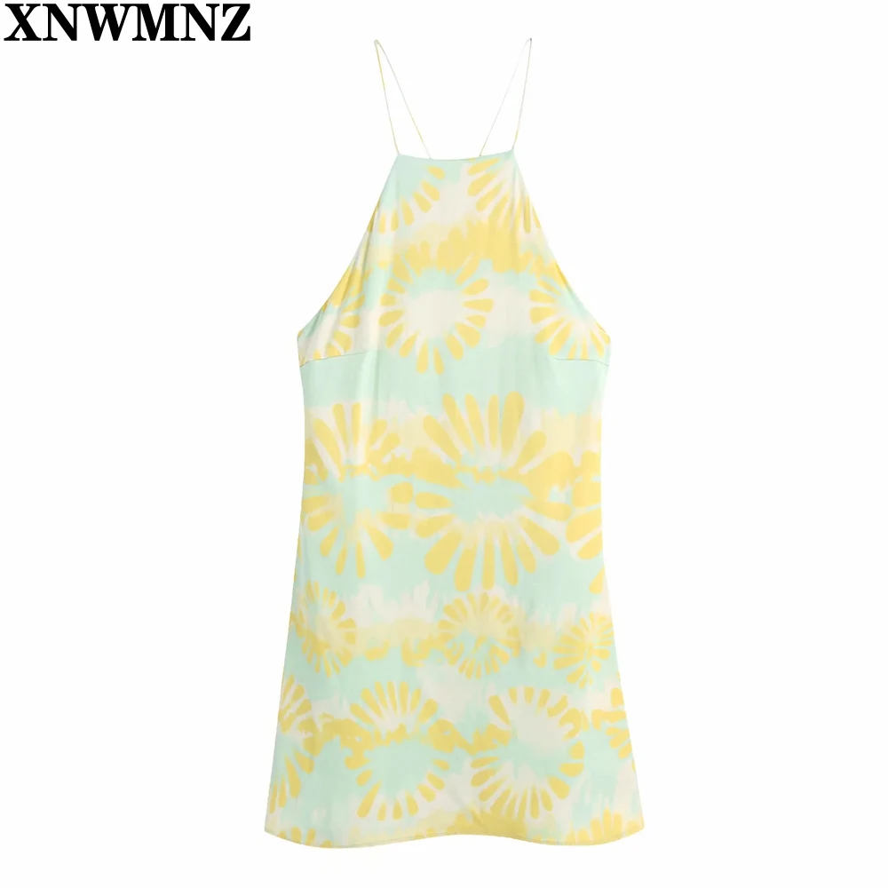 

XNWMNZ 2021 Women Print Hatler Camisole Mini Dress Ladies Sexy Backless Cross Straps Female Dresses Beach Style Vestidos Mujer