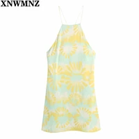 xnwmnz 2021 women print hatler camisole mini dress ladies sexy backless cross straps female dresses beach style vestidos mujer