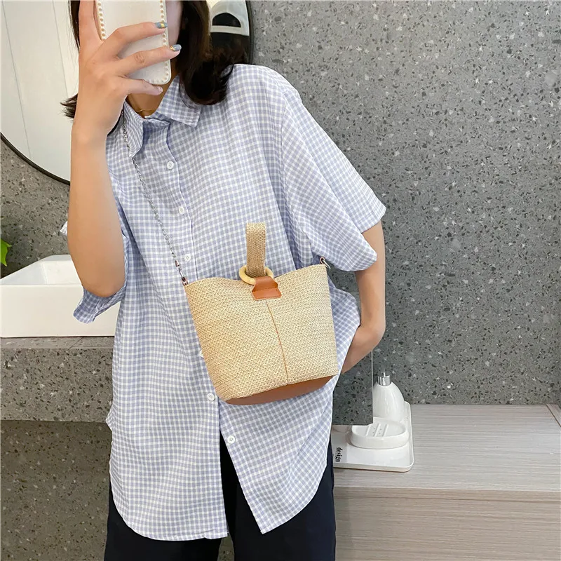 

2021 New Trend Slung Bucket Bag Small Fresh Handbag Student Woven Bag Forest BEACH STRAW BAG Girl