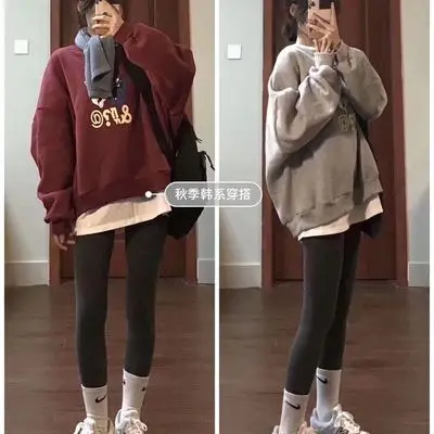 

The New Autumn Style Warm Two Piece Streetwear Lazy Loose Oversized Women Leggings Suit