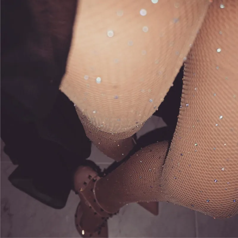 Модные женские леггинсы с сеткой рыбкой черные прозрачные стразы сексуальные