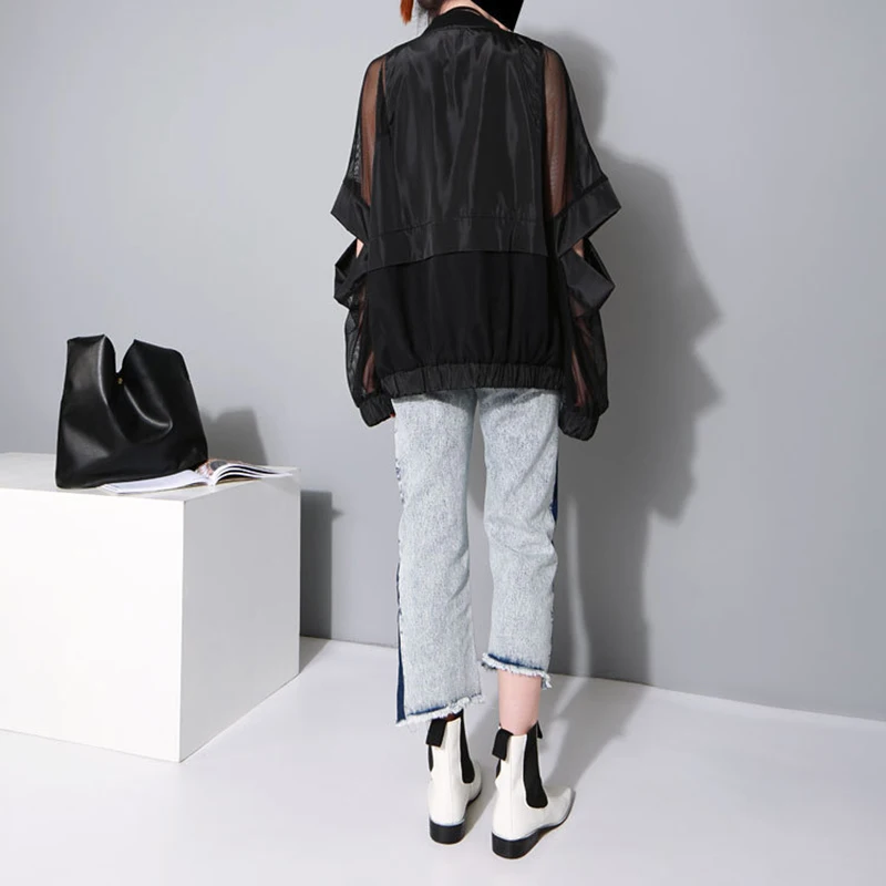 [EAM] 2021 Новинка весна осень воротник стойка длинный рукав черный тонкий полый