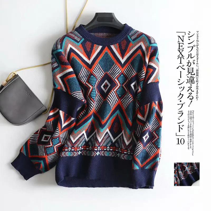 

umper Oversized Long Sleeve Thicken Korean Clothes Loose Warm 2021 Geometric Women Pullover Knitted Sweater Folk Autumn Winter J