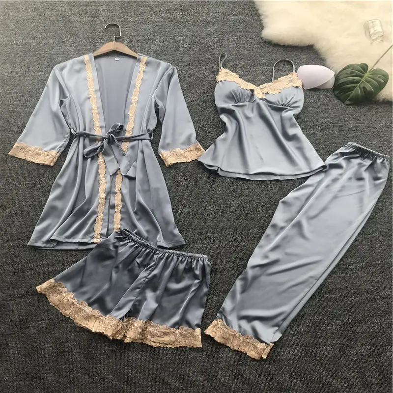 Женская одежда для сна сексуальные пижамы набор из четырех предметов шелковая