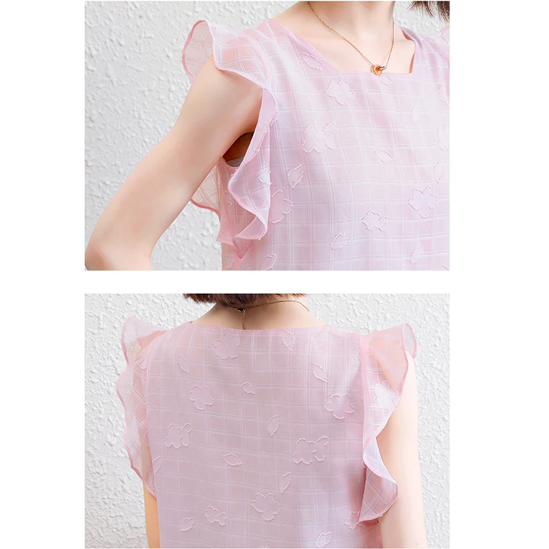 

2021 Fashion Summer Women Blouse Shirt Square collar Sleeveless Ruffle Print Chiffon Women Tops Plus Size Women's Clothing Tops