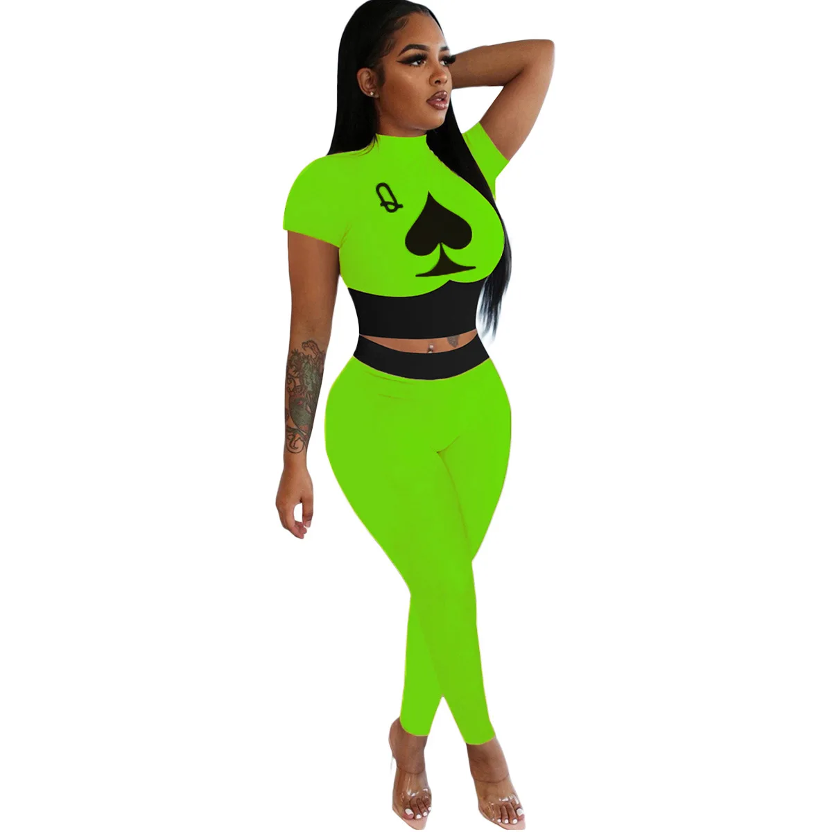 

Solid-Color Poker Spades Q Print Short Sleeves Crop Tops & Trousers Summer Women Suit Simple Hot Style Slim 2 Piece Set