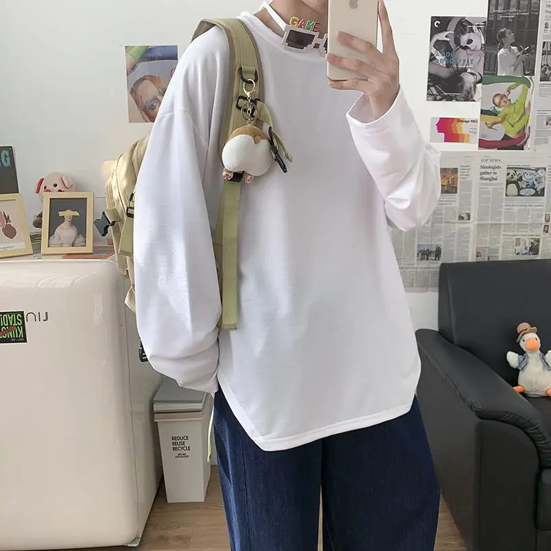 Новинка весна-осень 2021 Популярная свободная однотонная простая футболка с