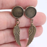 20pcs antique bronze 12mm cabochon earring stud base setting blanks with feather charms diy vintage jewelry making components