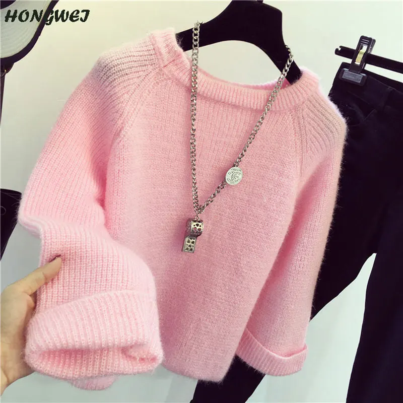 2019 New Autumn Winter Women Sweaters Solid Color Soft Mohair Knitting Pullovers Loose Knitted Female Jumper Tops | Женская одежда