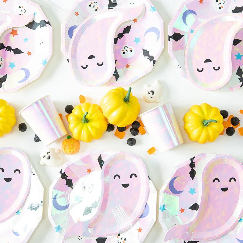 

Halloween Ghost Shape Disposable Tableware Halloween Happy Birthday Party Decoration For Kids