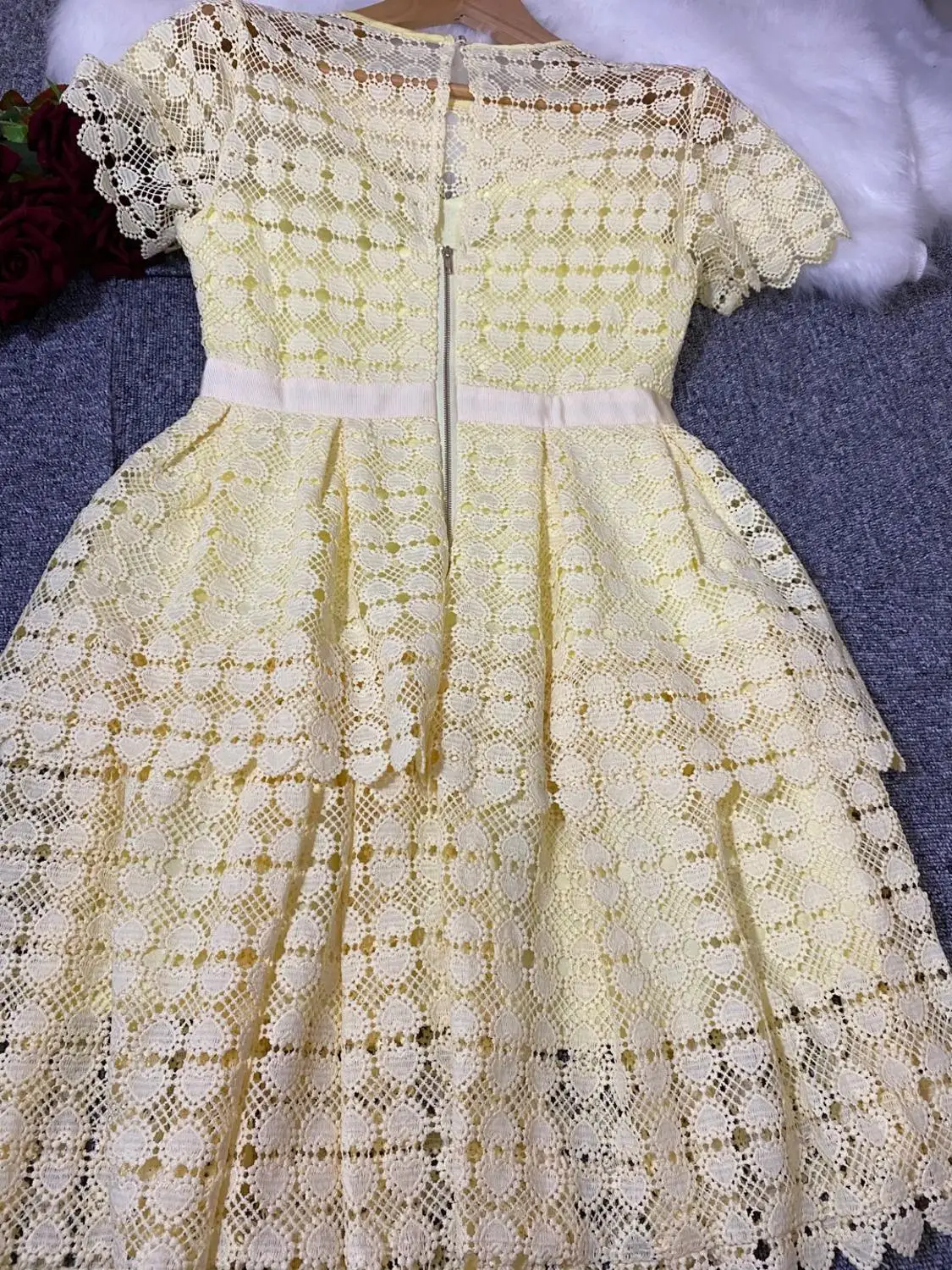 SMTHMA 2022 New Arrival Summer Yellow Dress Women Short Sleeve Lace Slim Hollow Out Female Mini Dresses Vestidos | Женская одежда