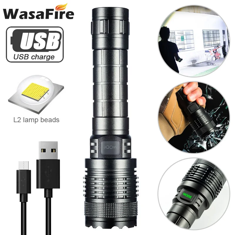 

Многофункциональный светодиодный фонарик L2, 2000 м, перезаряжаемый от USB, мощный водонепроницаемый фонарь, 5 режимов работы, фонарь для кемпин...