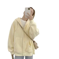 spring autumn hoodie coat women new korean harajuku zipper pocket thin loose cream yellow sweatshirt top female jd1448