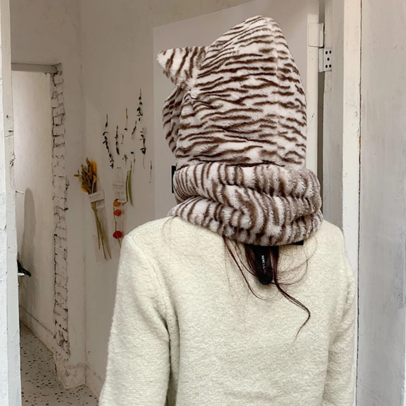 

Women Winter 2 In 1 Hooded Scarf Beanie Hat Zebra-Striped Cute Bear Ears Fuzzy Plush Earflap Cap Windproof Neck Warmer
