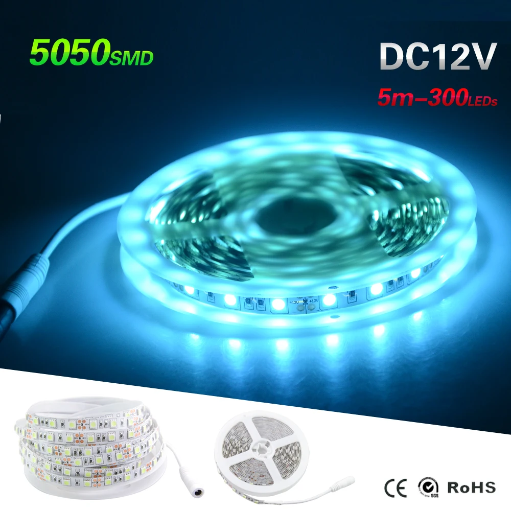 

AmmToo Ice Blue 12V Led Strip SMD5050 Ledstrip Lamp 300leds 5M Non-waterproof Led Strips Ribbon Home Holiday Decoration Lighting