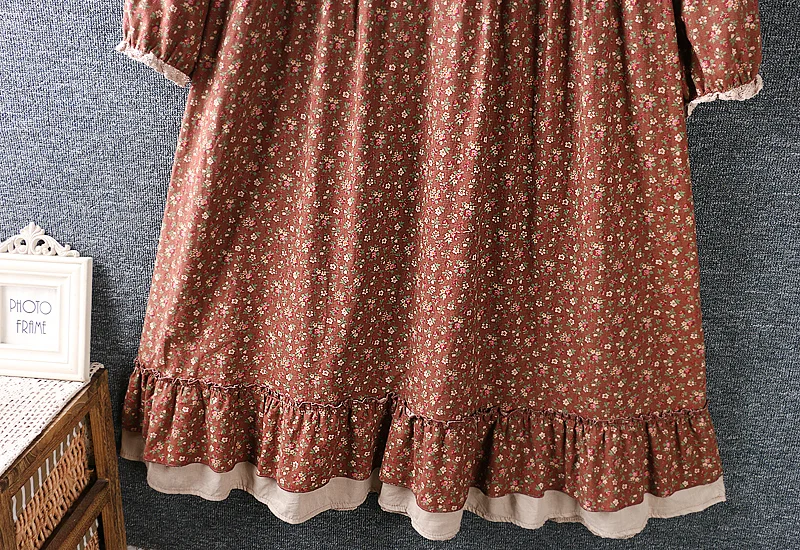 

2020 New Spring Autumn Women Dress Japan Style Mori Girl Literary Ruffle Stand Collar Print Cotton linen Loose Long Dresses