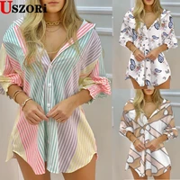 2022 women new fashion sexy printed short dress half sleeve buttom dress summer long sleeve v neck button stripe shirt dress
