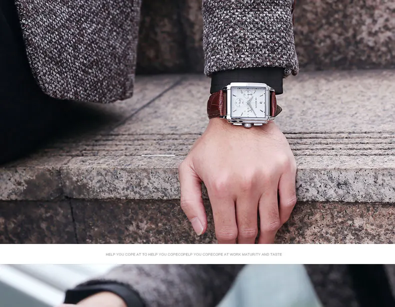 Часы мужские прямоугольные кварцевые с хронографом на кожаном ремешке 2020 |