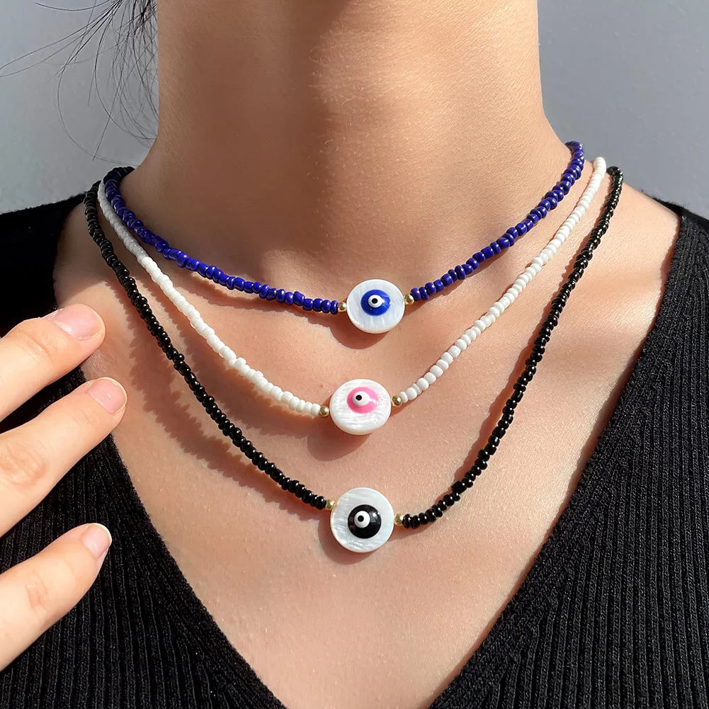 

Bohemian Natural Shell Devil Eye Beads Strand Necklace For Women Turkish Handmade Colorful Beaded Choker Necklaces Jewelry Gift