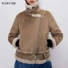 Женская замшевая куртка, плотная однотонная байкерская куртка на молнии с поясом, уличная одежда из овечьей шерсти