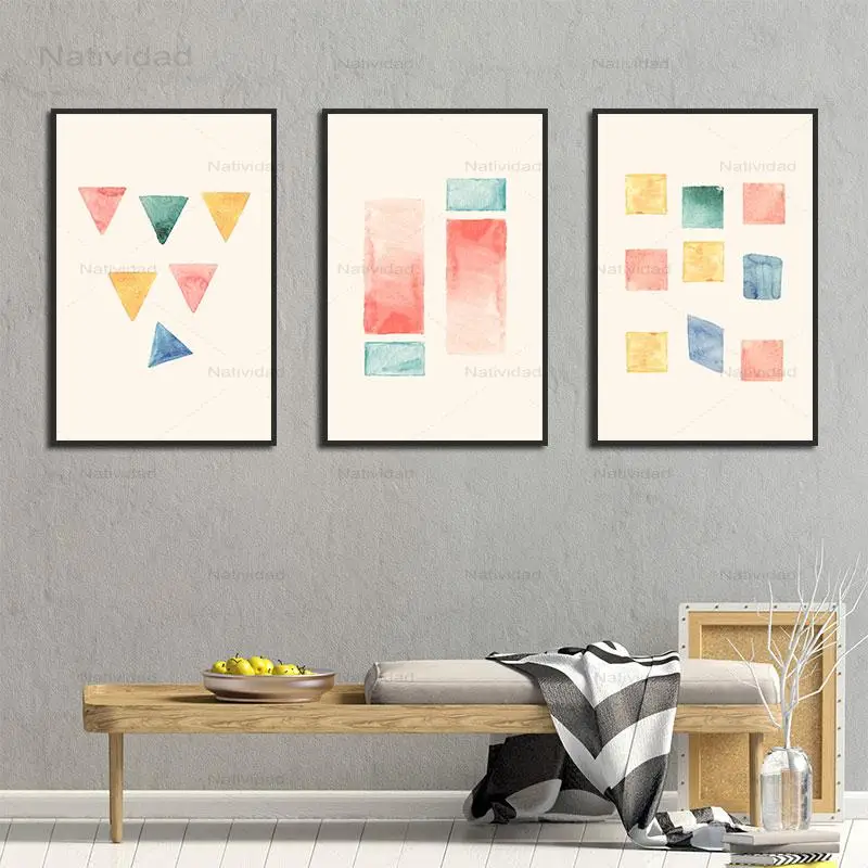 Абстрактная Картина на холсте квадраты прямоугольные и треугольники разных форм