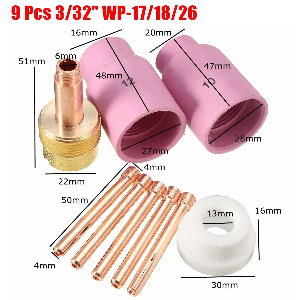 9Pk комплект для TIG газовые линзы и алюминиевая чашка для Tig сварка для больших газовых линз набор в фонарь 17 18 и 26 серий