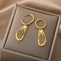 rxsmll hollow fan blade drop earrings for women gold silver color stainless steel female long dangle hanging earring jewelry