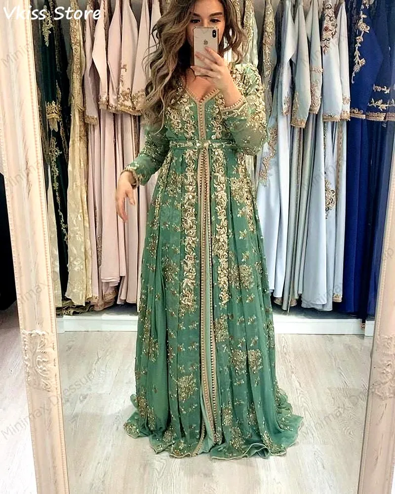 

2020 New Evening Dress A-line Green Long Full Sleeves Golden Applique Floor Length Muslim V-neck Prom Dress вечернее платье