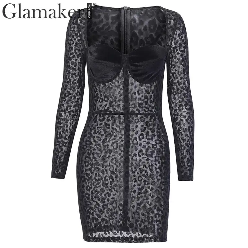 Glamaker сексуальное Сетчатое лоскутное черное платье с животным принтом женское