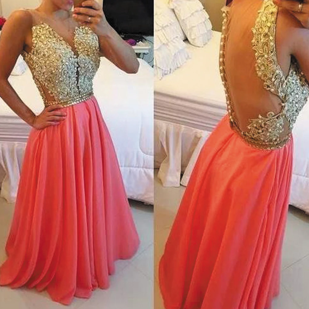 

SuperKimJo Robe De Soiree Sleeveless Coral Prom Dresses 2021 Lace Applique Beaded A-Line Prom Dresses Vestido De Long