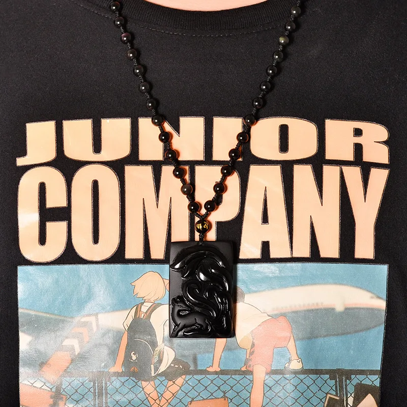 Резной черный обсидиан с девятью хвостами лисы нефрита кулон ожерелье китайская