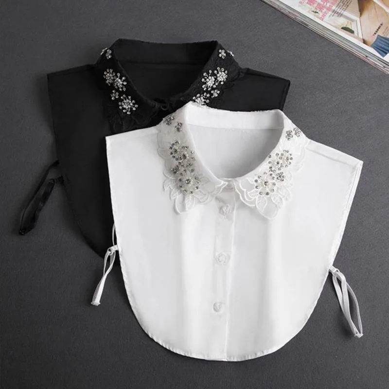 

Front Tie White Fake Collar Stand Beads Detachable Collar Fake Women Vintage Crystal Lace Ladies False Blouse Collar Half Shirt