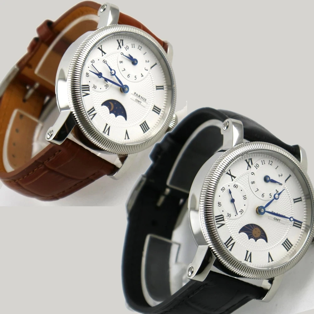 

Fashion 43mm Parnis White Dial Blue Hands Leather Strap GMT Moon Phase Mechanical Hand Wind Men's Watch Top Luxury Brand Gift