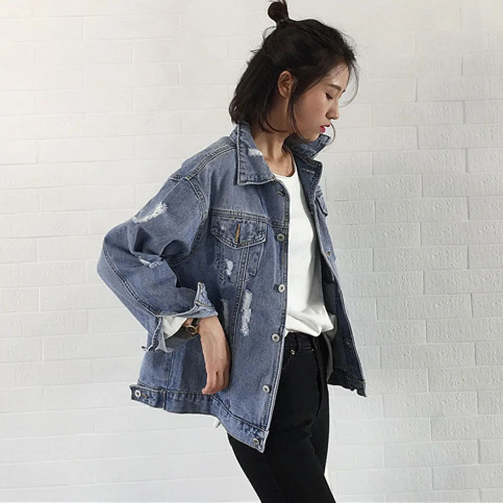 Женская куртка модная женская Свободная джинсовая в стиле бойфренд с отложным