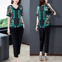 sets for women summer 2020 new fashion casual two piece set female short sleeve top harem pants suit mom v neck print spring