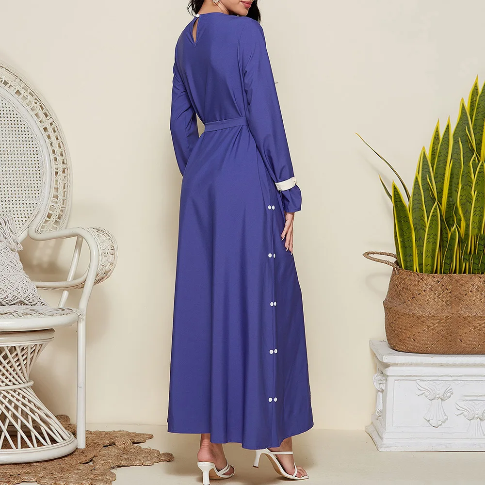 

Muslim Women Dress Spring Autumn Fashion Temperament Loose Casual Simple Bandage Contrast Splicing Round Neck Long Sleeve
