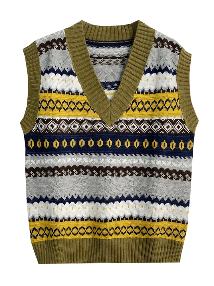 

Autumn 2020 new retro jacquard contrast color V-neck knitted vest women's vest outer wear short sweater vest
