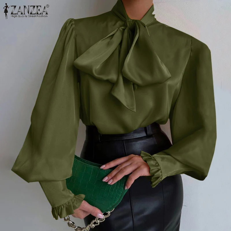 Элегантная офисная рубашка ZANZEA туника топы модная однотонная атласная блузка с