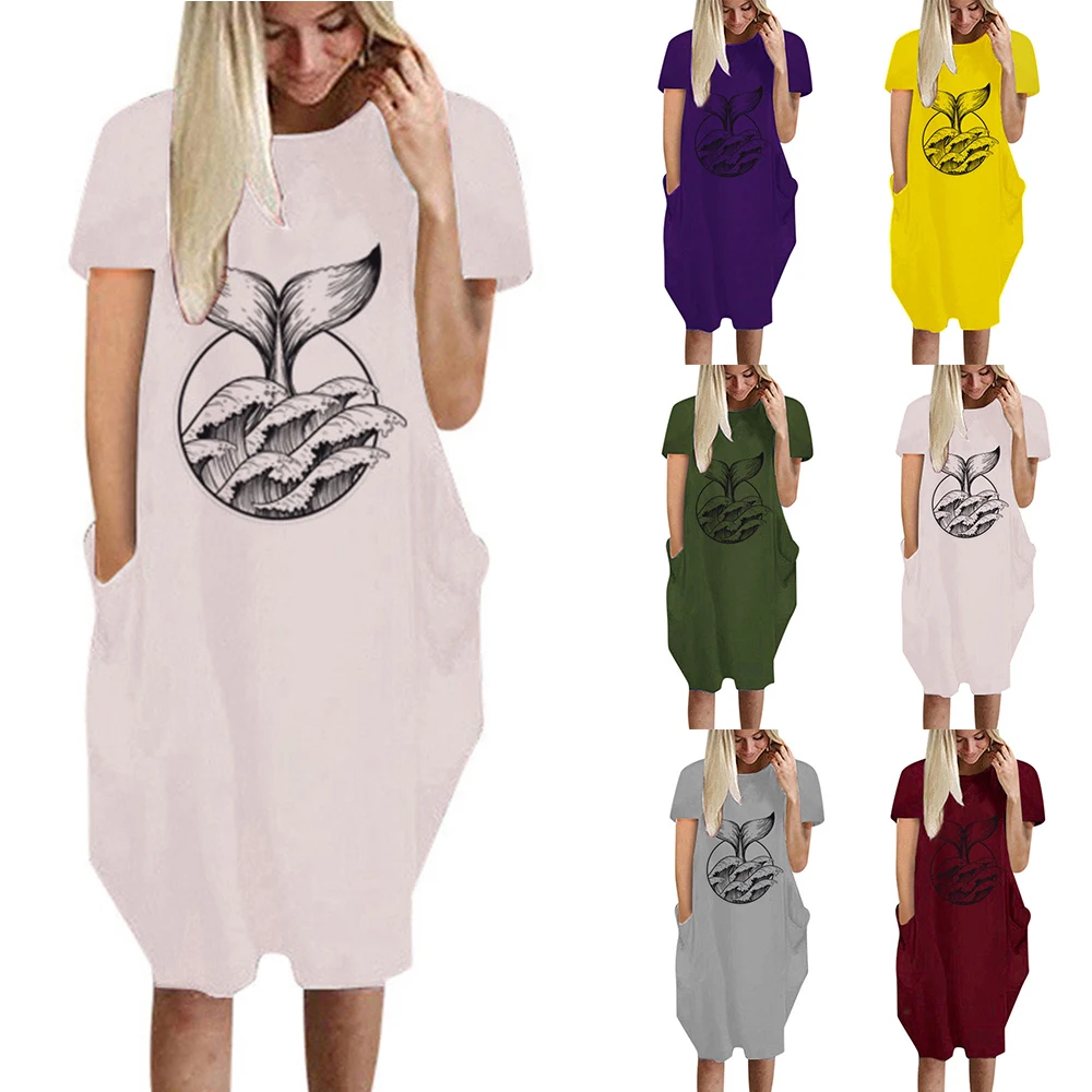 

2021 Women Loose Dress Summer Short Sleeve O-Neck Print Vestiods Knee-Length Pocket Bodycon Dress