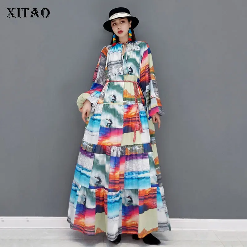 

XITAO 2021 осеннее модное платье темперамент длинный принт личность этнический стиль Повседневный свободный длинный рукав o-образный вырез жен...