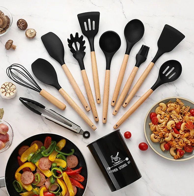 COOKING TOOLS WOOD HANDEL Silicone Kitchenware Utensils Resistant Non-Stick Cooking Kitchen Accessories | Дом и сад