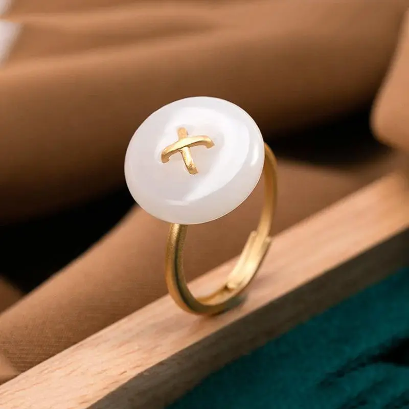 

Independent design gold-plated inlaid natural Hetian jade round opening adjustable ring Light luxury and elegant ladies jewelry