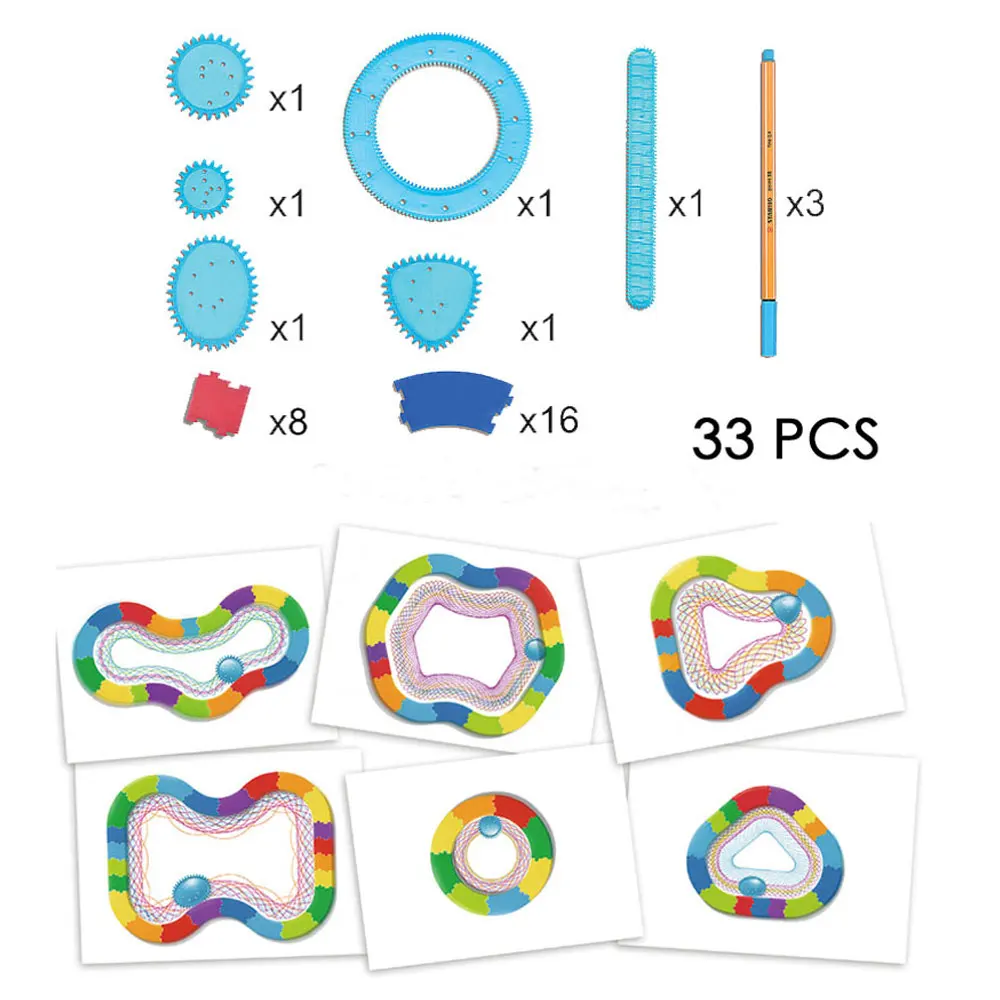 33PCS Spirograph Drawing Block Set Draw Spiral Design Educational Geometric Toys Baby Creative Shape Painting Ruler Rail Track | Игрушки и
